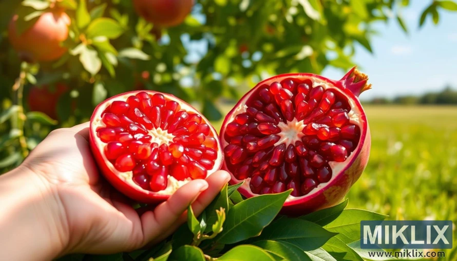Kamay na may hawak na granada na may ruby-red aril sa berdeng dahon. Kamay na may hawak na granada na may ruby-red aril sa berdeng dahon.