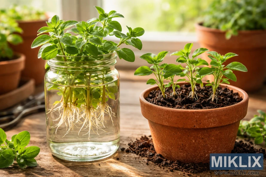 Oregano stem cuttings rooting in a glass jar of water and in soil inside a terracotta pot on a wooden surface.