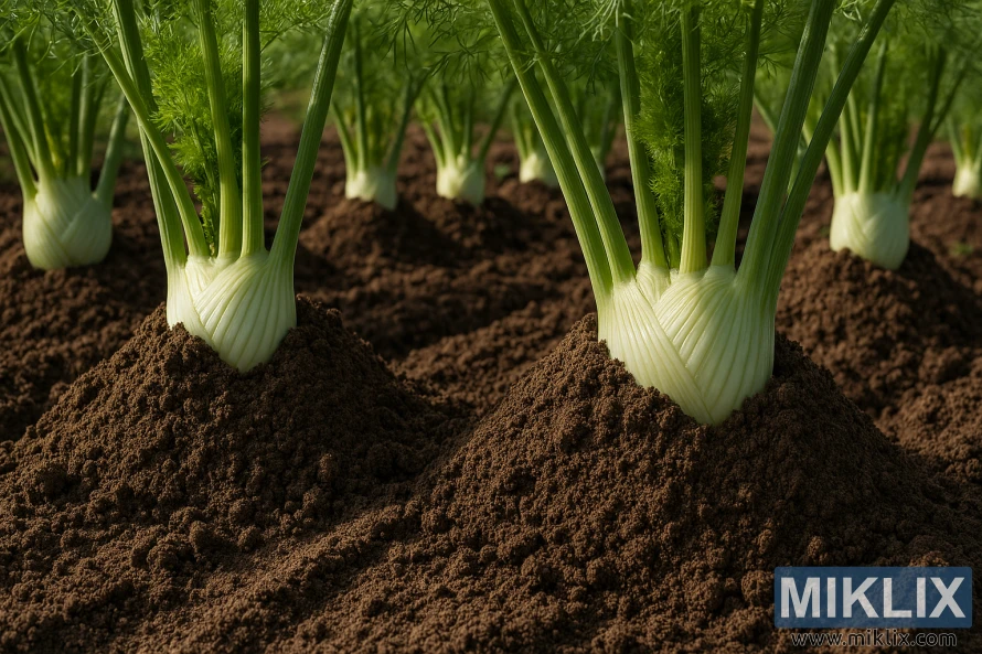 Gardener mounding soil around Florence fennel bulbs to blanch them in a sunlit vegetable bed