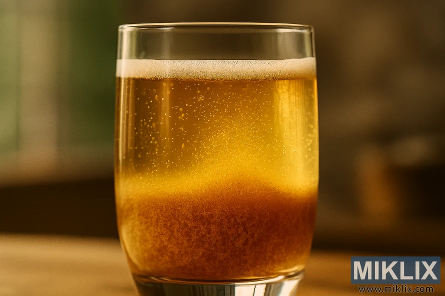 Čirá skleněná nádoba se zlatým šumivým pivem, na kterém je vidět flokulace kvasinek a stoupající bublinky