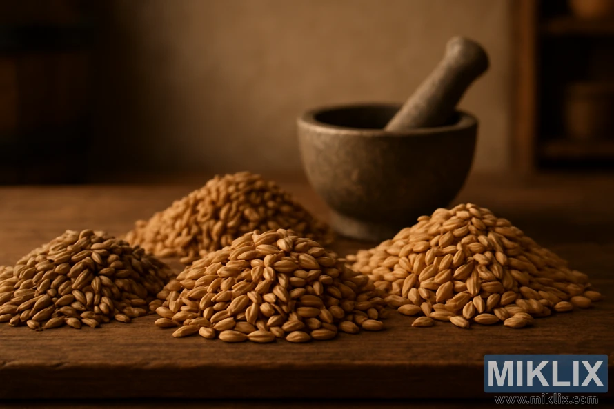 Mrtva priroda nadomjestaka za slad sa žitaricama, mužarom i tučkom te rustikalnim naglascima pivarstva.