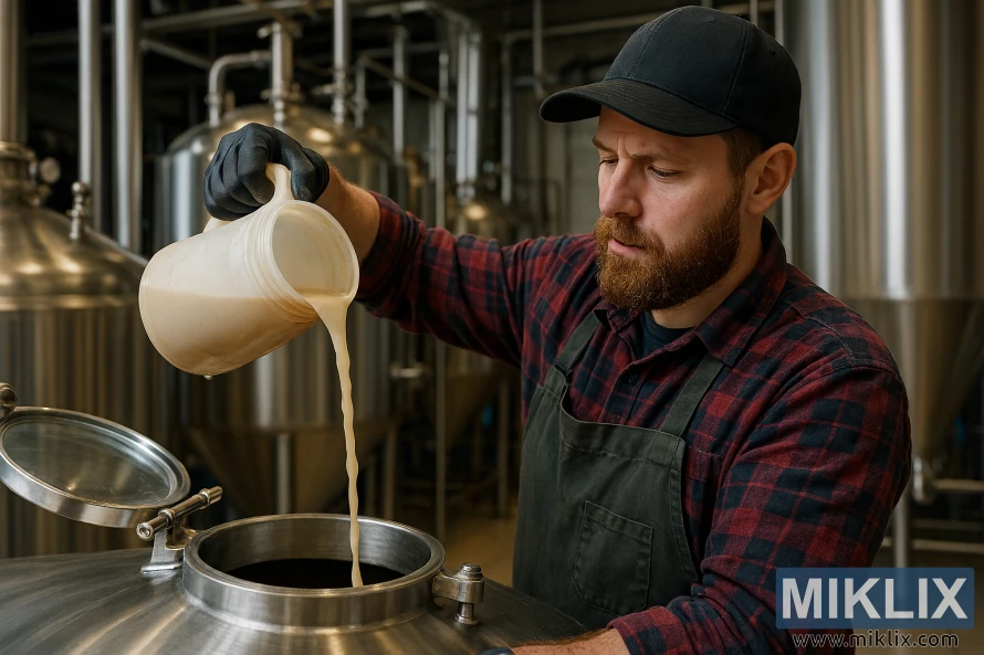 Brewer pouring liquid yeast from a jug into a stainless-steel fermentation tank in a commercial brewery. Brewer pouring liquid yeast from a jug into a stainless-steel fermentation tank in a commercial brewery.