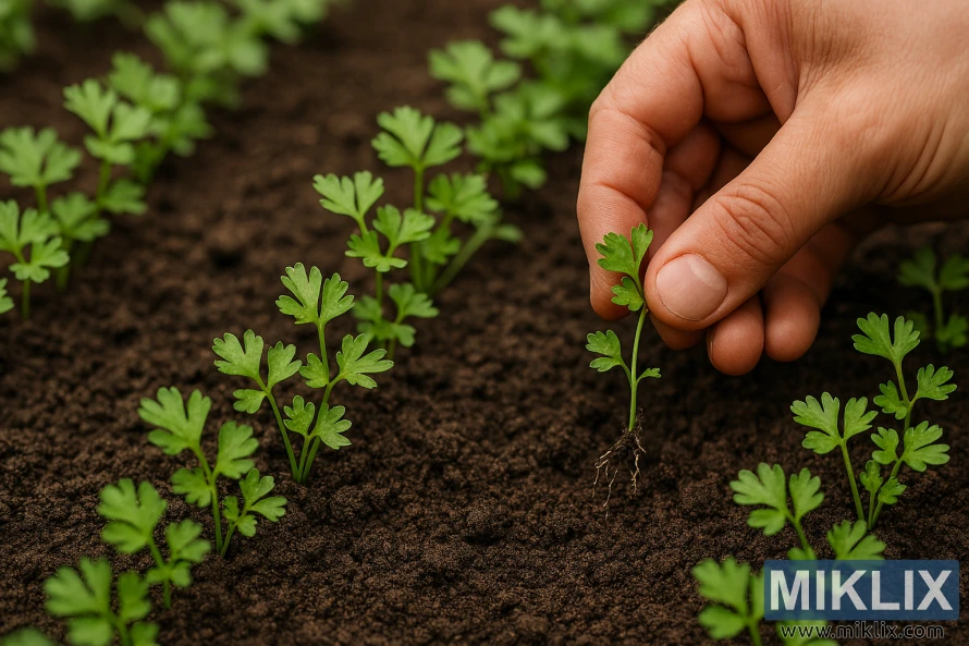 Close-up of a gardener's hand thinning parsley seedlings in dark, moist soil