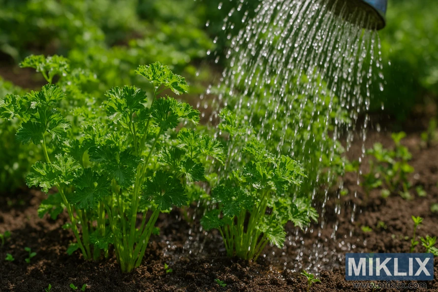 Close-up of vibrant parsley plants being watered in a garden