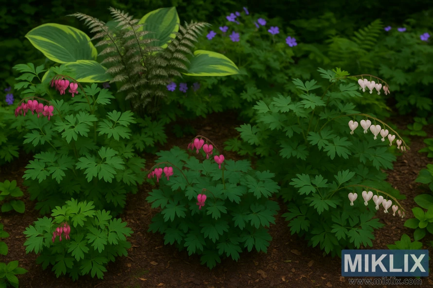 Ein üppiger Schattengarten mit verschiedenen Tränenden-Herz-Sorten in Rosa und Weiß, umgeben von Funkien, Farnen und Begleitpflanzen im sanften, natürlichen Licht. Ein üppiger Schattengarten mit verschiedenen Tränenden-Herz-Sorten in Rosa und Weiß, umgeben von Funkien, Farnen und Begleitpflanzen im sanften, natürlichen Licht.