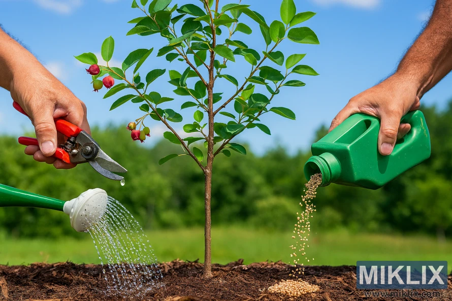 Gardener pruning, watering, and fertilizing a young serviceberry tree with mulch and ripening berries in a lush garden. Gardener pruning, watering, and fertilizing a young serviceberry tree with mulch and ripening berries in a lush garden.
