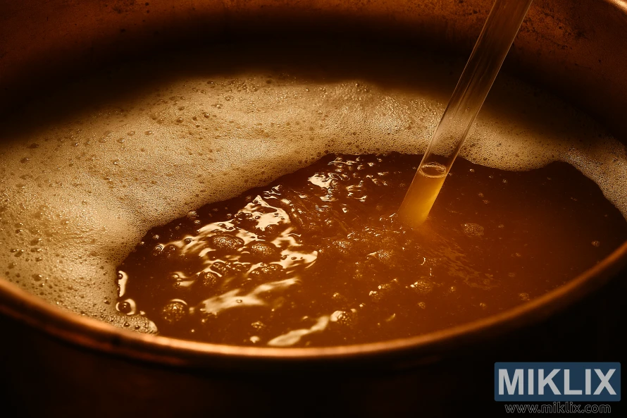 Glaspipett som extraherar ölprov från bubblande gyllene vätska i en kopparjäsningstank