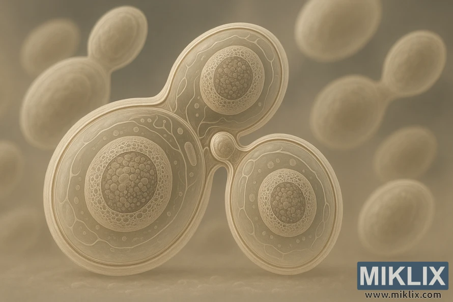 Detailed cross-section illustration of Saccharomyces cerevisiae lager yeast cells with nuclei, budding sites, and soft muted lighting. Detailed cross-section illustration of Saccharomyces cerevisiae lager yeast cells with nuclei, budding sites, and soft muted lighting.