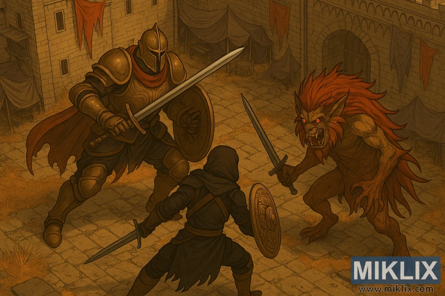 Аниме фан арт који приказује Потамњелог у оклопу Црног Ножа који се суочава са Витезом Крусибла и Незаконитим Ратником у замку Редмејн