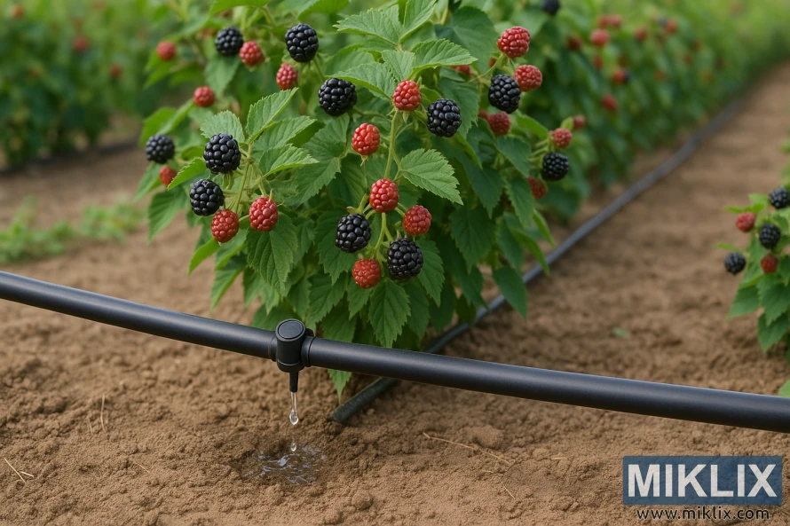 Lašelinės drėkinimo sistemos, laistančios gervuogių augalų eiles su prinokusiomis ir neprinokusiomis uogomis dirbamame lauke, stambaus plano planas. Lašelinės drėkinimo sistemos, laistančios gervuogių augalų eiles su prinokusiomis ir neprinokusiomis uogomis dirbamame lauke, stambaus plano planas.