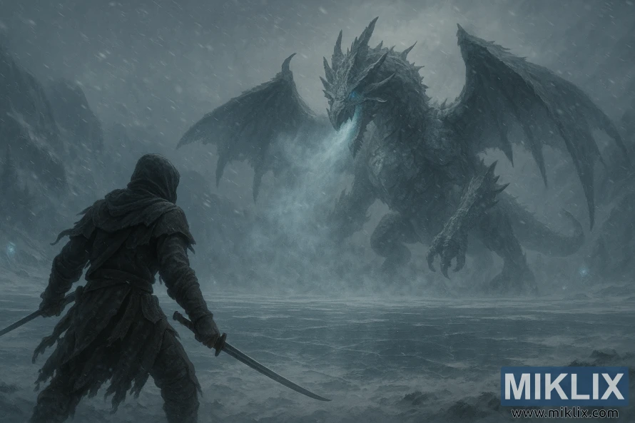 Scena semi-realistica di un guerriero incappucciato con due spade che affronta un enorme drago del gelo che soffia nebbia ghiacciata su un lago ghiacciato durante una bufera di neve. Scena semi-realistica di un guerriero incappucciato con due spade che affronta un enorme drago del gelo che soffia nebbia ghiacciata su un lago ghiacciato durante una bufera di neve.