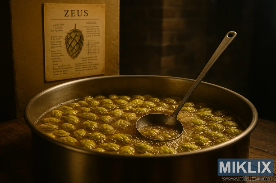 金色の液体と浮かぶゼウスホップのコーンで満たされたステンレス製の醸造釜のクローズアップ。背景にはおたまによるかき混ぜと醸造の音が聞こえます。 金色の液体と浮かぶゼウスホップのコーンで満たされたステンレス製の醸造釜のクローズアップ。背景にはおたまによるかき混ぜと醸造の音が聞こえます。