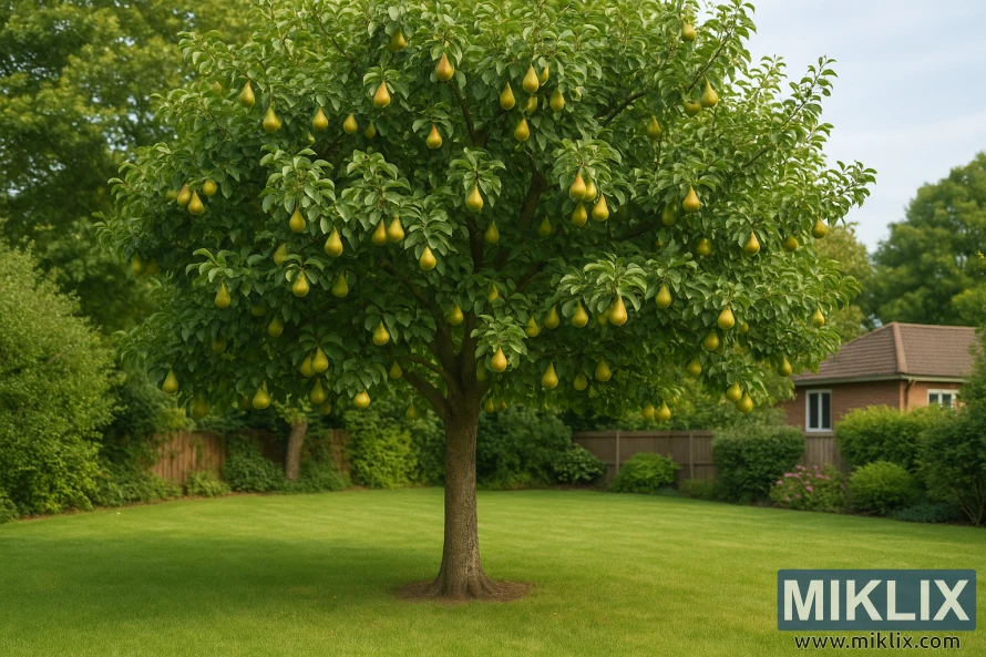Mature pear tree with golden fruit and dense green foliage in a home garden. Mature pear tree with golden fruit and dense green foliage in a home garden.