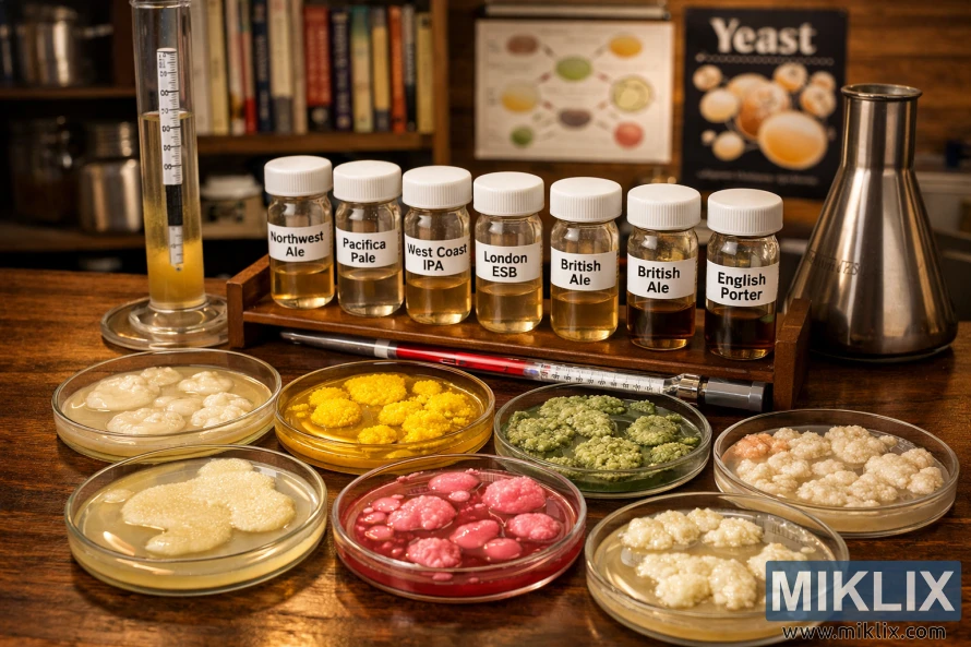 రంగురంగుల ఈస్ట్ కాలనీల పెట్రీ వంటకాలు, బ్రూయింగ్ ఈస్ట్ యొక్క లేబుల్ చేయబడిన గాజు సీసాలు మరియు వెచ్చని లైటింగ్ కింద బ్రూయింగ్ ఉపకరణాలతో ప్రయోగశాల టేబుల్. రంగురంగుల ఈస్ట్ కాలనీల పెట్రీ వంటకాలు, బ్రూయింగ్ ఈస్ట్ యొక్క లేబుల్ చేయబడిన గాజు సీసాలు మరియు వెచ్చని లైటింగ్ కింద బ్రూయింగ్ ఉపకరణాలతో ప్రయోగశాల టేబుల్.