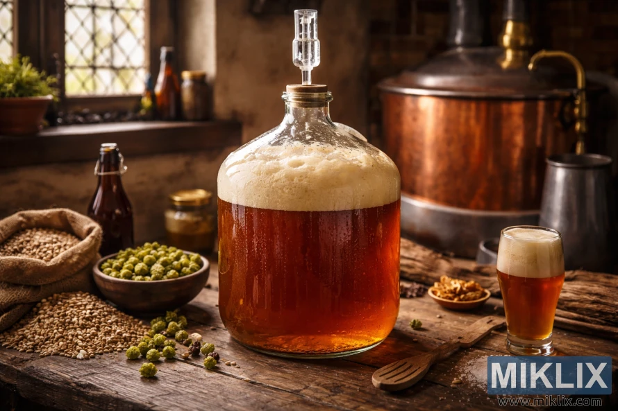 一個裝滿正在發酵的琥珀色比利時啤酒的玻璃大瓶放在一張質樸的木桌上，周圍擺放著啤酒花、麥芽大麥和銅製釀酒設備，營造出溫暖傳統的家庭釀酒氛圍。