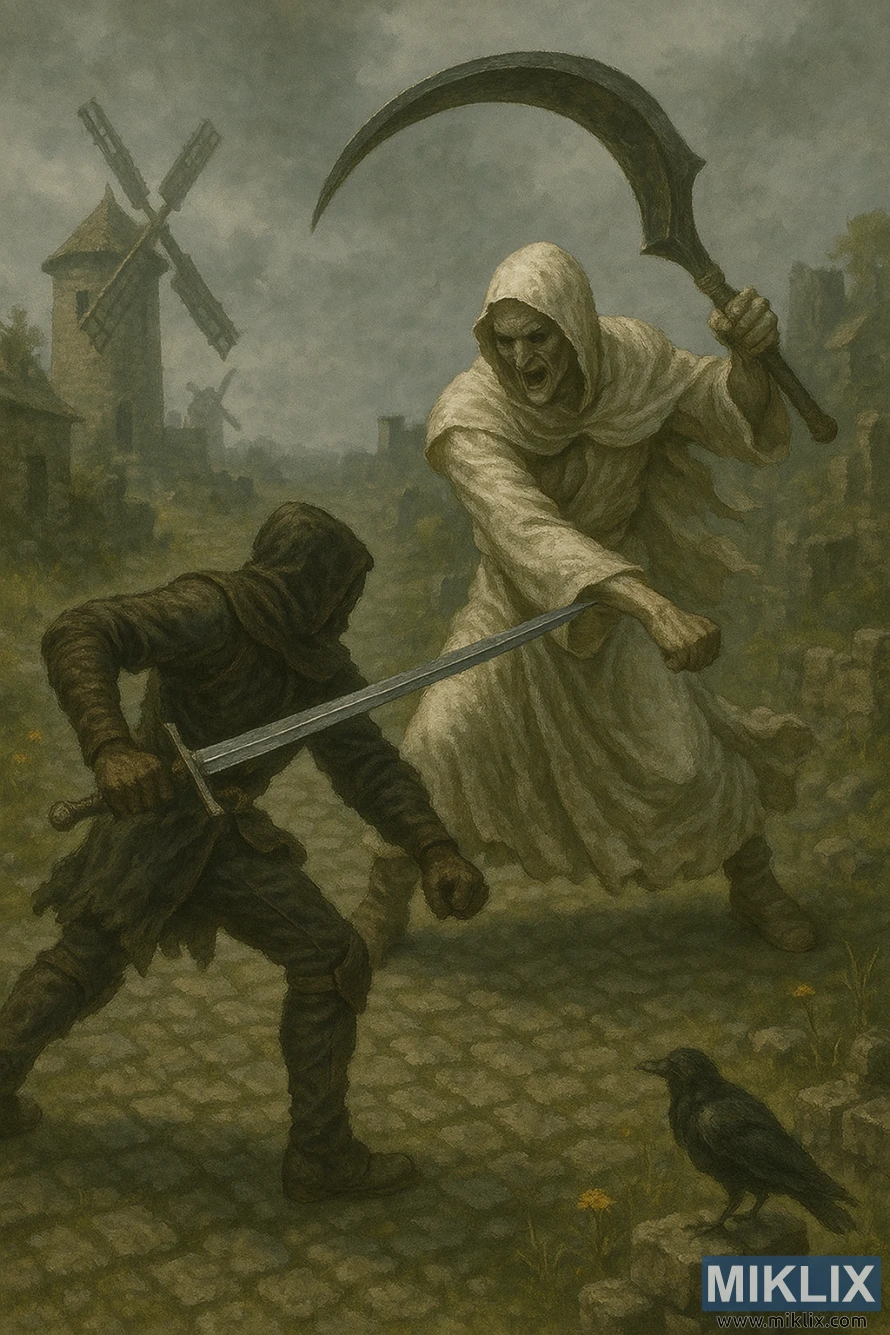 Elden Ring fan art showing the Tarnished in Black Knife armor attacking with a straight sword as a tall Godskin Apostle swings the Godskin Peeler in Dominula Windmill Village.