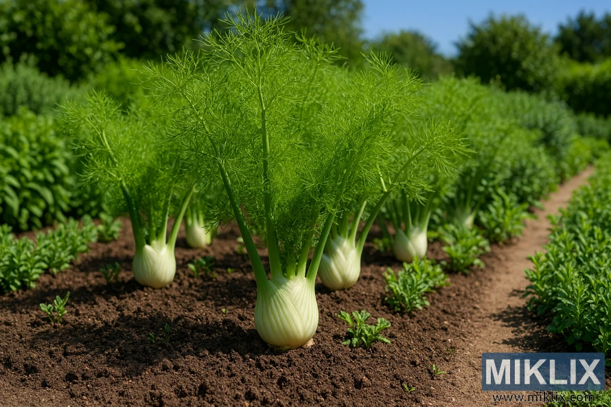Florence fennel plants with white bulbs and feathery green leaves growing in a neat herb garden bed on a sunny day