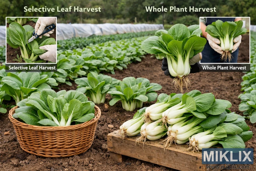 Landskapsfoto av en bok choy-åker som viser selektiv bladhøsting med avklippede blader i en kurv til venstre og hel plantehøsting med opprykket bok choy i en kasse til høyre. Landskapsfoto av en bok choy-åker som viser selektiv bladhøsting med avklippede blader i en kurv til venstre og hel plantehøsting med opprykket bok choy i en kasse til høyre.