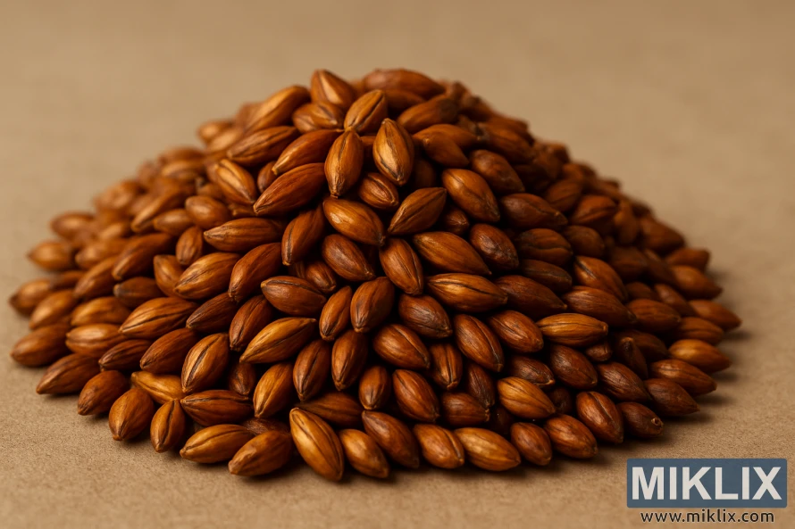 Krupni plan zlatnožutih zrna slada na običnoj pozadini s toplim, mekim osvjetljenjem.