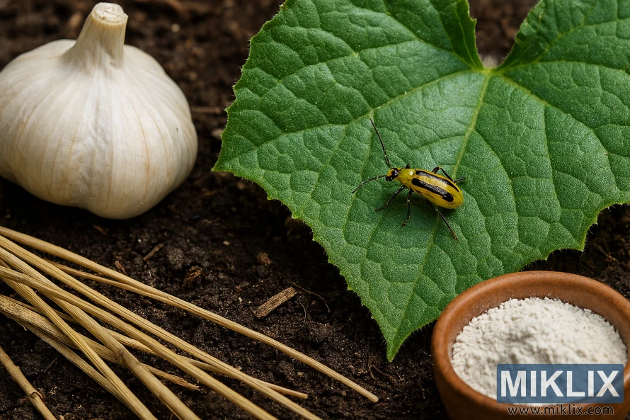 Cucumber beetle on cucumber leaf surrounded by garlic, diatomaceous earth, and straw mulch