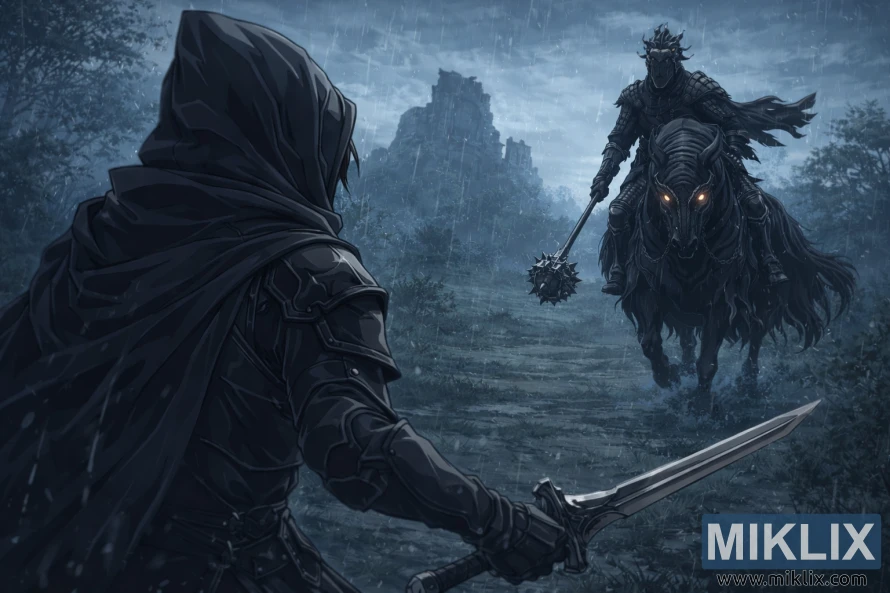 Anime style fan art of the Tarnished in Black Knife armor seen from behind facing the Night’s Cavalry boss on a rainy battlefield in Elden Ring.