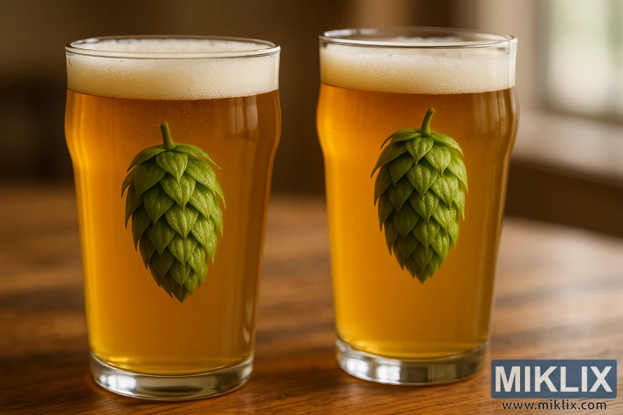 To halvlitere gylden IPA og Pale Ale med Centennial humlekegler som flyter inni, satt på en trebjelke i varmt dagslys.