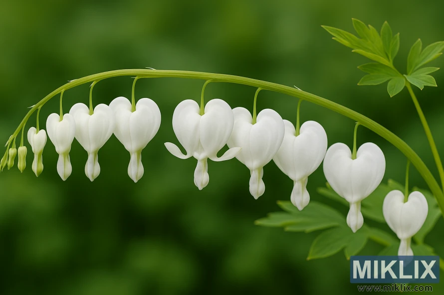 Alba Bleeding Heart with pure white heart-shaped flowers hanging from a graceful green stem against a soft green background. Alba Bleeding Heart with pure white heart-shaped flowers hanging from a graceful green stem against a soft green background.