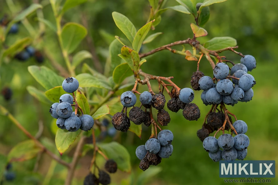 Close-up of a blueberry bush showing healthy and shriveled berries affected by mummy berry disease