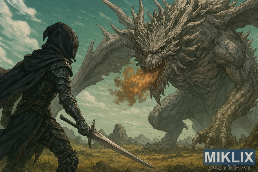 Anime-style fan art of the Tarnished in Black Knife armor battling Elder Dragon Greyoll in Elden Ring's Dragonbarrow