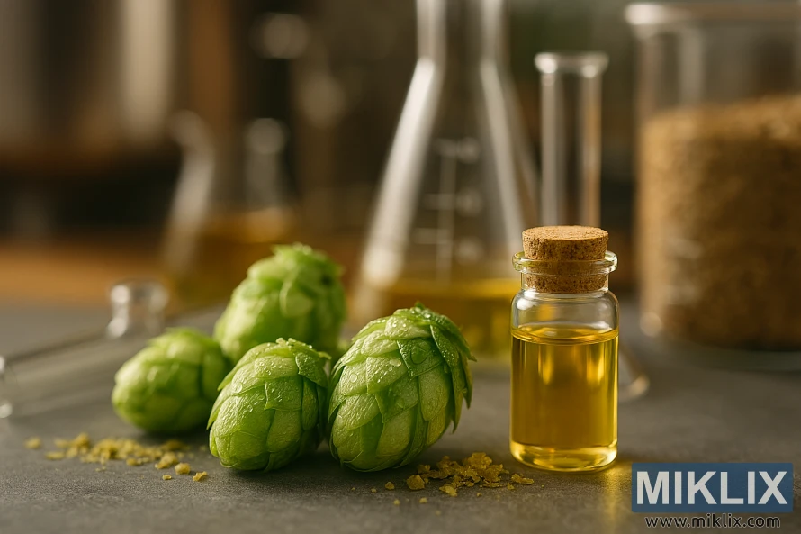 Close-up of fresh hop cones with dewdrops and a vial of golden myrcene oil in a lab setting