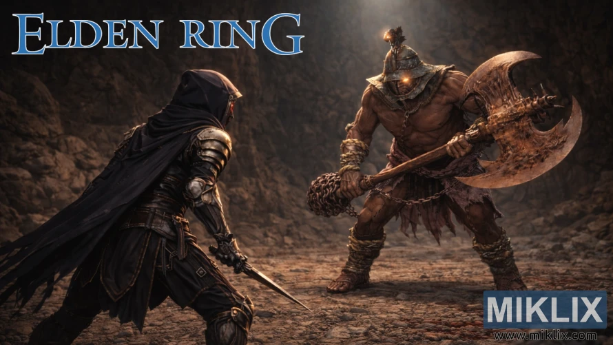 Fan art of Elden Ring battle between Black Knife armor player and Frenzied Duelist in Gaol Cave
