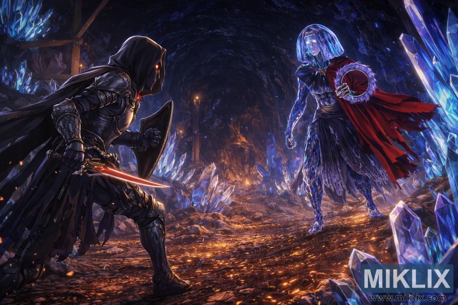 Arte de fã em estilo anime da armadura Faca Maculada em Preto enfrentando o chefe Cristalino dentro da caverna de cristal azul brilhante do Túnel de Cristal de Raya Lucaria.