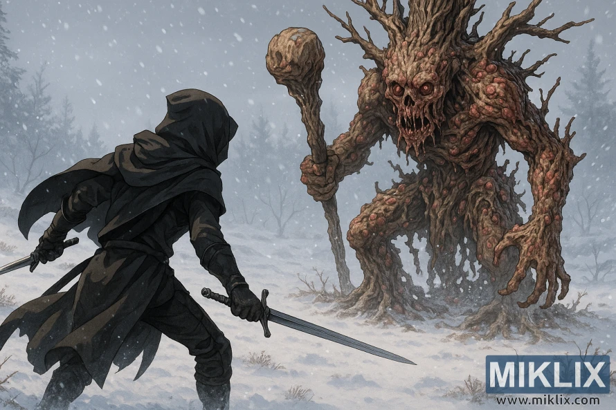 ਇੱਕ ਟੋਪੀ ਵਾਲਾ ਯੋਧਾ ਦੋ-ਧਾਰੀਆਂ ਤਲਵਾਰਾਂ ਫੜੀ ਬਰਫ਼ੀਲੇ ਲੈਂਡਸਕੇਪ ਵਿੱਚ ਇੱਕ ਉੱਚੇ, ਸੜਦੇ ਦਰੱਖਤ ਵਰਗੇ ਰਾਖਸ਼ ਦਾ ਸਾਹਮਣਾ ਕਰ ਰਿਹਾ ਹੈ। ਇੱਕ ਟੋਪੀ ਵਾਲਾ ਯੋਧਾ ਦੋ-ਧਾਰੀਆਂ ਤਲਵਾਰਾਂ ਫੜੀ ਬਰਫ਼ੀਲੇ ਲੈਂਡਸਕੇਪ ਵਿੱਚ ਇੱਕ ਉੱਚੇ, ਸੜਦੇ ਦਰੱਖਤ ਵਰਗੇ ਰਾਖਸ਼ ਦਾ ਸਾਹਮਣਾ ਕਰ ਰਿਹਾ ਹੈ।