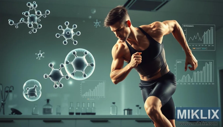 Atleet in beweging met wetenskaplike diagramme en sitrullienmalaat-navorsingsvisuele.