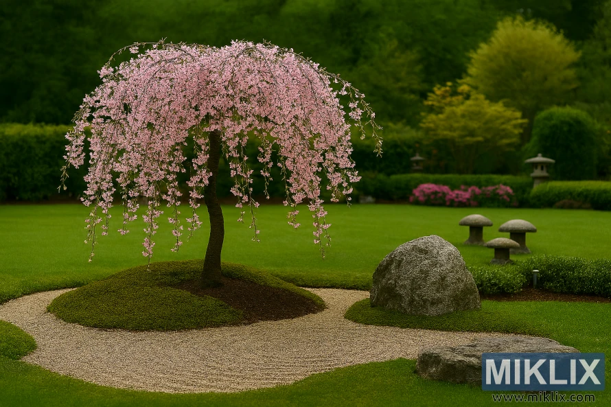 Фотография пейзажа сада в японском стиле с плакучей вишней в полном цвету, окруженной мхом, гравием и каменными украшениями. Фотография пейзажа сада в японском стиле с плакучей вишней в полном цвету, окруженной мхом, гравием и каменными украшениями.