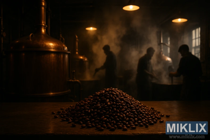 Dim bryggeri med kobberkar, damp og ristede byggkjerner på benken i varmt lys.