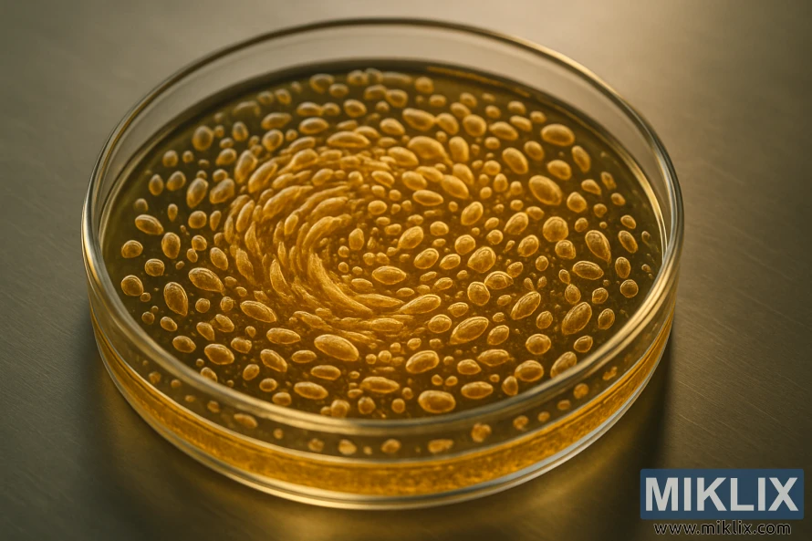 Nærbilde av en petriskål med aktive gjærceller under varm laboratoriebelysning. Nærbilde av en petriskål med aktive gjærceller under varm laboratoriebelysning.