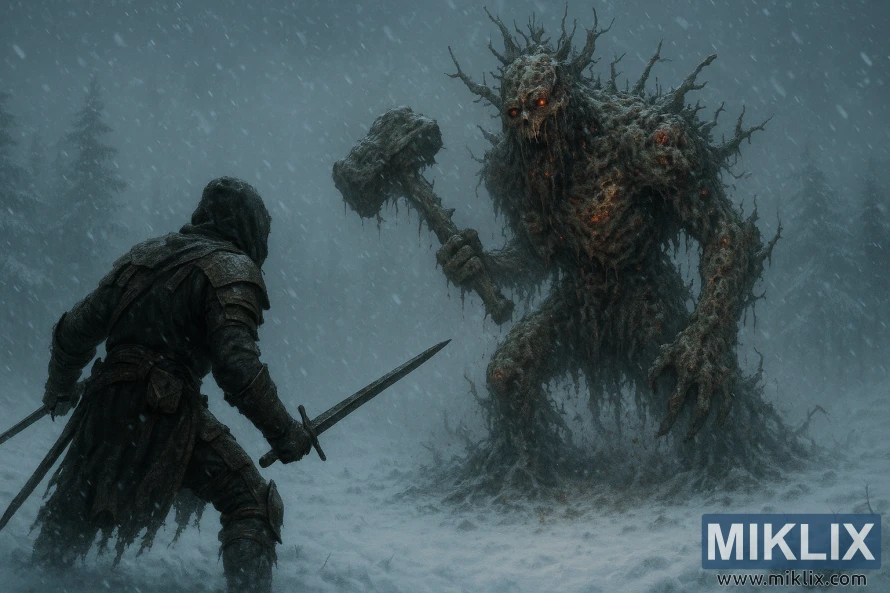 ਇੱਕ ਟੋਪੀ ਵਾਲਾ ਯੋਧਾ ਦੋ ਤਲਵਾਰਾਂ ਫੜੀ ਇੱਕ ਉੱਚੇ ਸੜਦੇ ਦਰੱਖਤ ਦੇ ਜੀਵ ਦਾ ਸਾਹਮਣਾ ਕਰ ਰਿਹਾ ਹੈ ਜੋ ਬਰਫ਼ੀਲੇ ਤੂਫ਼ਾਨ ਵਿੱਚ ਇੱਕ ਵਿਸ਼ਾਲ ਡੰਡਾ ਫੜ ਰਿਹਾ ਹੈ। ਇੱਕ ਟੋਪੀ ਵਾਲਾ ਯੋਧਾ ਦੋ ਤਲਵਾਰਾਂ ਫੜੀ ਇੱਕ ਉੱਚੇ ਸੜਦੇ ਦਰੱਖਤ ਦੇ ਜੀਵ ਦਾ ਸਾਹਮਣਾ ਕਰ ਰਿਹਾ ਹੈ ਜੋ ਬਰਫ਼ੀਲੇ ਤੂਫ਼ਾਨ ਵਿੱਚ ਇੱਕ ਵਿਸ਼ਾਲ ਡੰਡਾ ਫੜ ਰਿਹਾ ਹੈ।