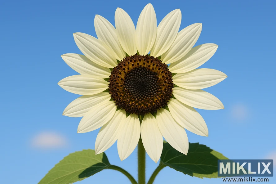 Nahaufnahme einer italienischen weißen Sonnenblume mit cremefarbenen, hellen Blütenblättern und einer dunklen Mitte vor einem strahlend blauen Sommerhimmel. Nahaufnahme einer italienischen weißen Sonnenblume mit cremefarbenen, hellen Blütenblättern und einer dunklen Mitte vor einem strahlend blauen Sommerhimmel.