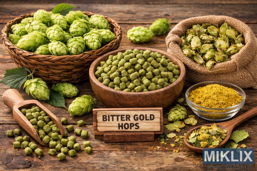 Bitter Gold hops shown as fresh cones, dried cones, pellets, and hop powder arranged on a rustic wooden table with bowls, sacks, and a labeled sign.