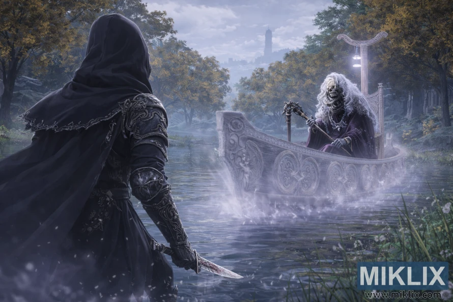 Fan art in stile anime che mostra l'armatura Tarnished in Black Knife sulla sinistra, vista da dietro, mentre affronta cautamente il Tibia Mariner su una barca spettrale nelle acque nebbiose della Liurnia orientale dei Laghi.