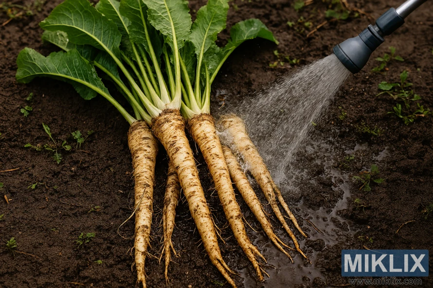 Freshly harvested horseradish roots being cleaned with a garden hose on moist soil