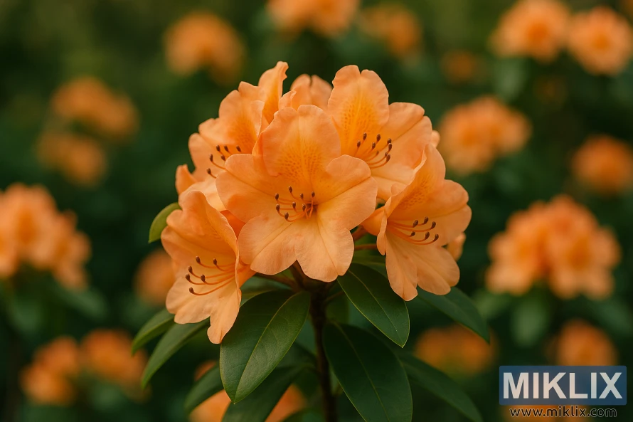 Close-up of Dexter’s Orange rhododendron with apricot blossoms and golden tones. Close-up of Dexter’s Orange rhododendron with apricot blossoms and golden tones.