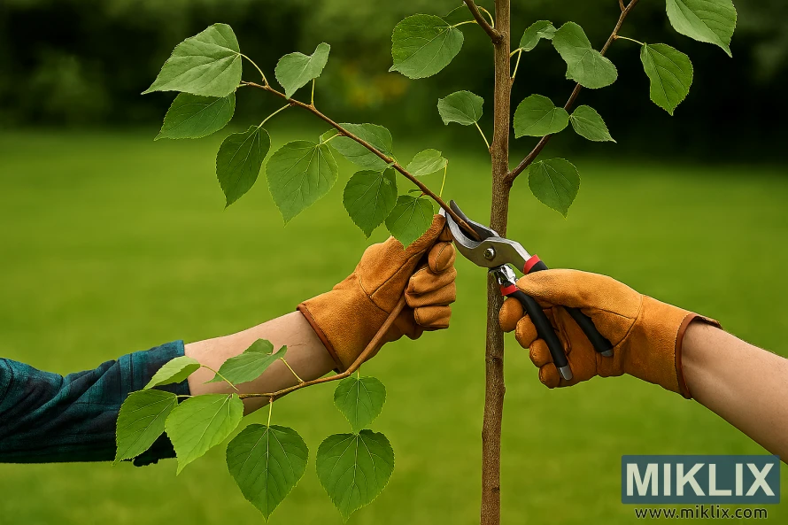 Riktig beskjæringsteknikk for et ungt lindetre med bypasssaks i en hage