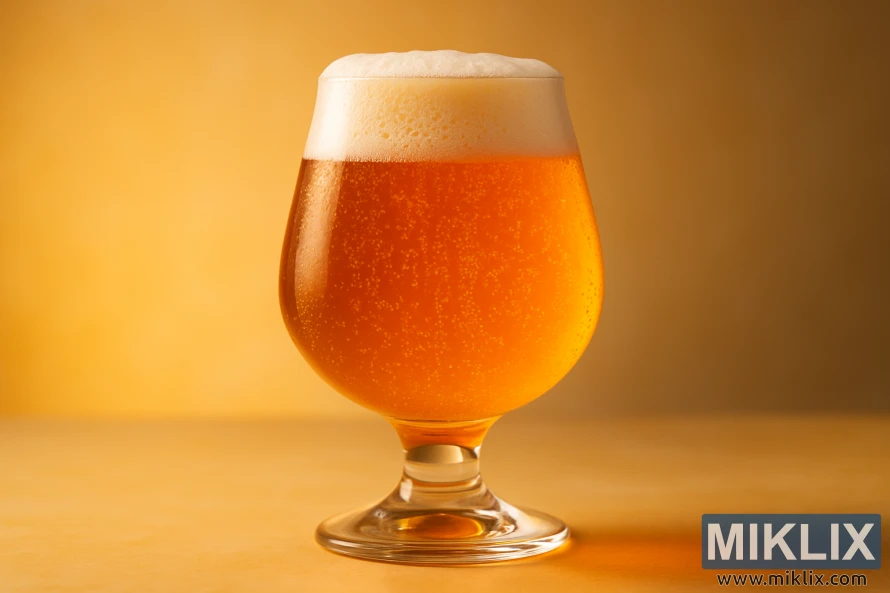 A tulip-shaped glass filled with glowing amber saison beer, with fine carbonation rising and a frothy off-white head against a warm golden background.