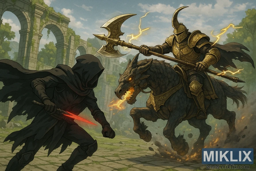 एल्डेन रिङको क्यापिटल आउटस्कर्ट्समा ह्याल्बर्ड चलाउँदै ड्र्याकोनिक ट्री सेन्टिनेलसँग लडिरहेको कालो चक्कु कवच लगाएको टार्निश्डको एनिमे शैलीको दृश्य।