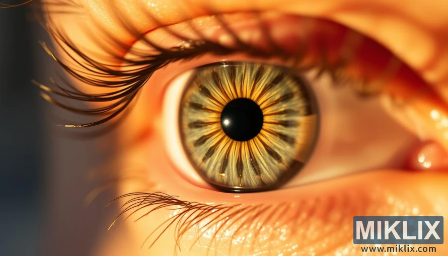 Saules apspīdētas cilvēka acs tuvplāns ar zaļganzili lazdu riekstu krāsas varavīksneni, asiem rakstiem, precīzu zīlīti un maigi izplūdušu fonu.