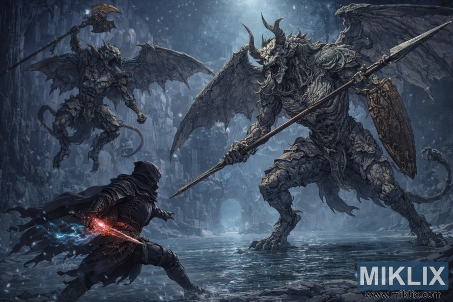 സിയോഫ്ര അക്വെഡക്റ്റ് അവശിഷ്ടങ്ങളിൽ ഉയർന്നുനിൽക്കുന്ന രണ്ട് ഭീമാകാരമായ വാലിയന്റ് ഗാർഗോയിലുകളെ അഭിമുഖീകരിക്കുന്ന ടാർണിഷ്ഡ് ഇൻ ബ്ലാക്ക് നൈഫ് കവചത്തിന്റെ ആനിമേഷൻ ശൈലിയിലുള്ള കല.