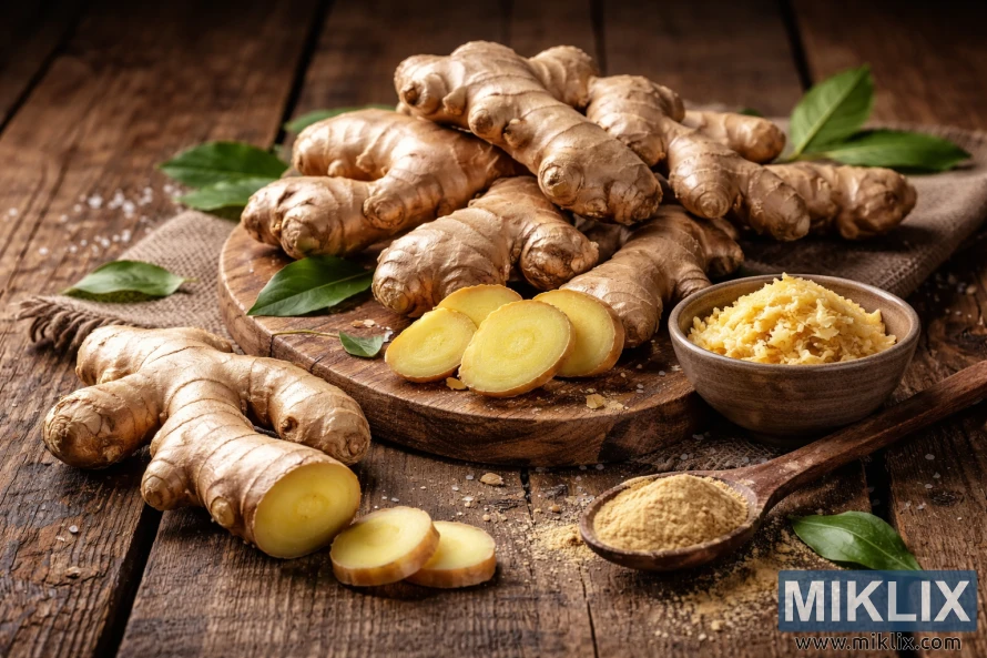 తాజా అల్లం వేర్లను, ముక్కలుగా తరిగి అల్లం, తురిమిన అల్లం, మరియు పొడి చేసిన అల్లం వెచ్చని లైటింగ్‌తో ఒక గ్రామీణ చెక్క బల్లపై ప్రదర్శించబడ్డాయి.