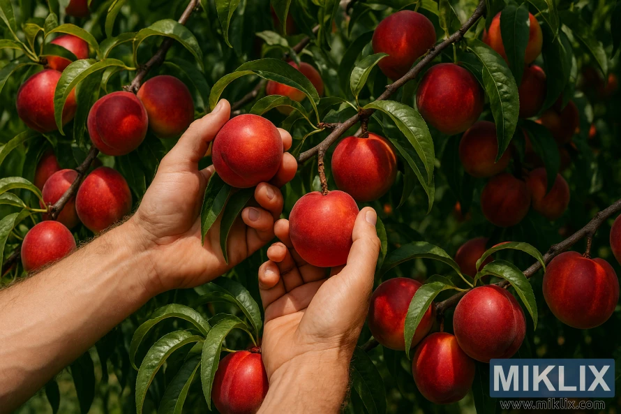Hands picking ripe nectarines from a tree with lush green leaves